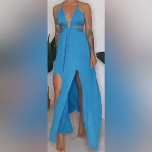 Electric Blue Maxi Dress Women's Flowing Split Front